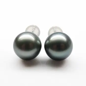 

Luminous 9-10mm Round Genuine Tahitian Gray Pearl Stud Earrings 18k White Gold