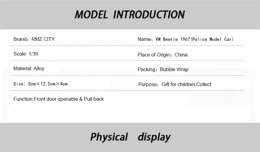 РМЗ город 1:36 VolksWagen Beetle 1967 полицейский игрушечный автомобиль сплав литья под давлением модель автомобиля игрушка с тянуть назад для детей