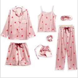 Для женщин 7 шт. розовый и клубника из искусственного шелка пижамы наборы атласный шелк белья домашняя одежда ночное белье пижамный