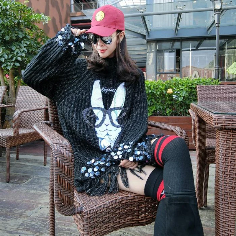 

2018 winter new Thai tide brand women's cartoon sequins rabbit tassels set loose loose long sweater women