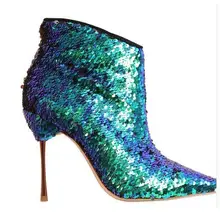 Осенне-зимние пикантные женские ботинки синего цвета на высоком каблуке с острым носком и боковой молнией Модные ботильоны Размеры 35-42