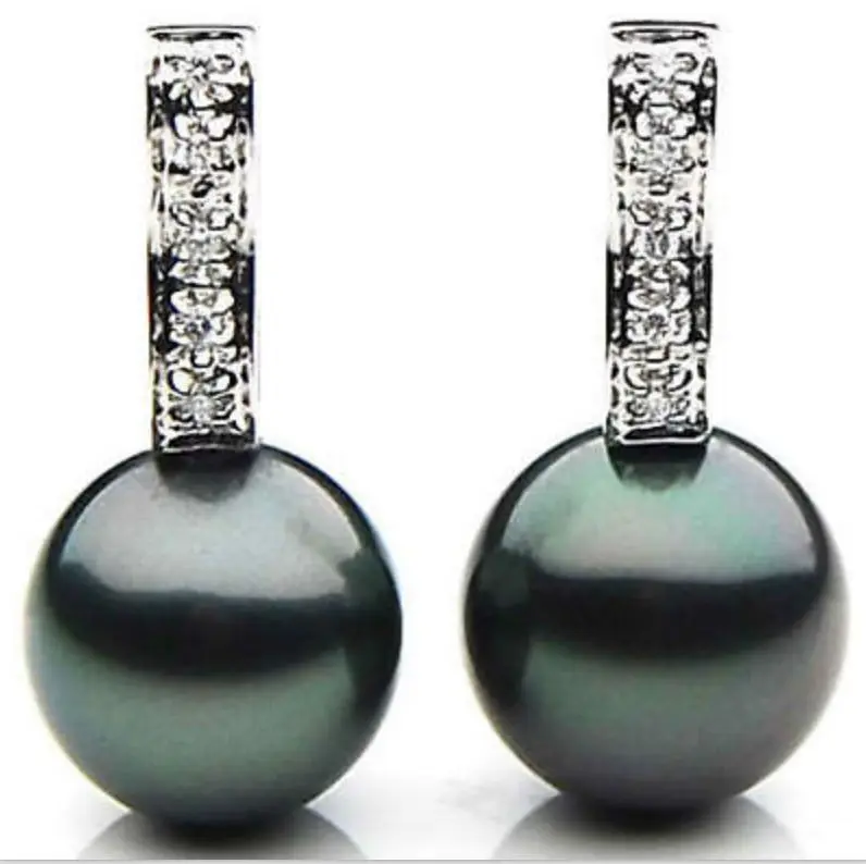 

AAA 10-11mm round natural tahitian peacock green pearl earrings silver