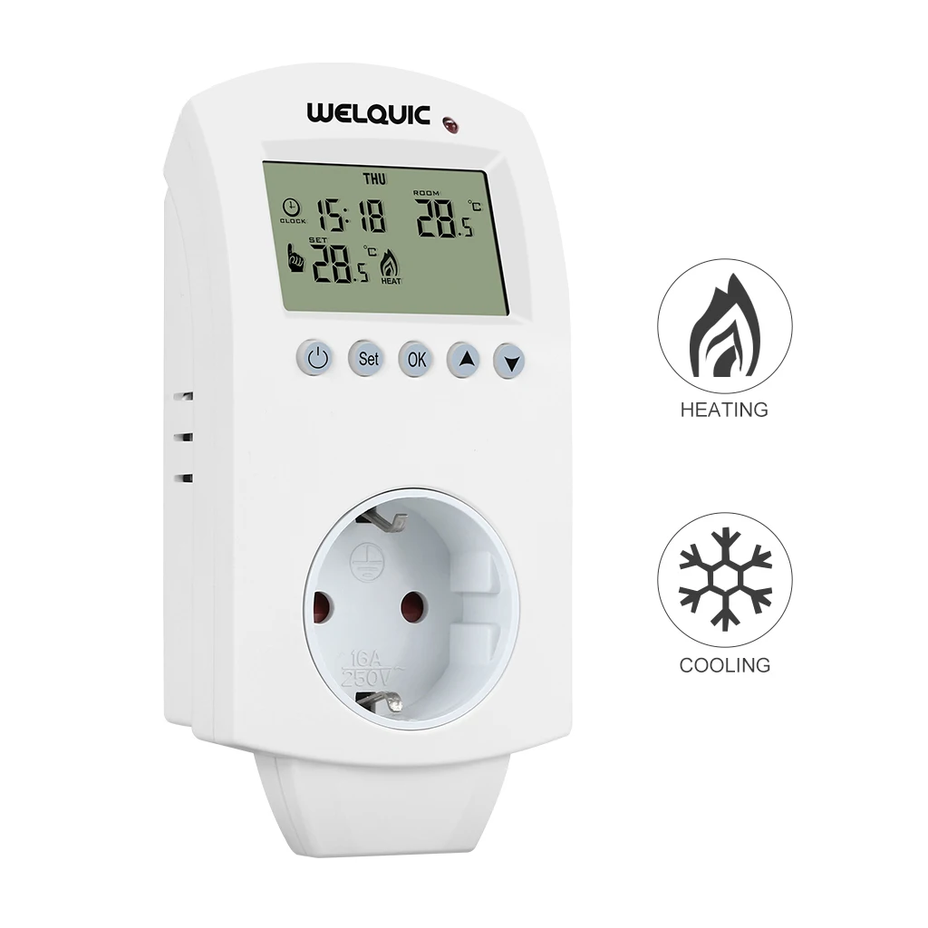 Welquic Plug in Thermostat Heating Cooling 5 2Day Programmable Temperature Controller Socket