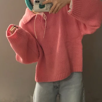 

2 colors 2019 spring and autumn preppy style loose solid candy color knitted sweaters womens sweaters and pullovers (C9204)