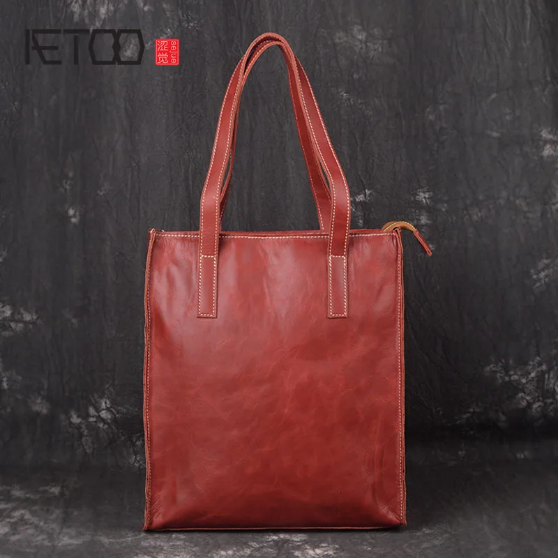 

AETOO The first layer of leather handbag shoulder bag European and American fashion trends handmade vertical section shopping ba