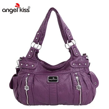 

Angelkiss Brand Soft Washed Women Handbag with Two Roomy Compartments Many Pockets and Adjustable Long Strap