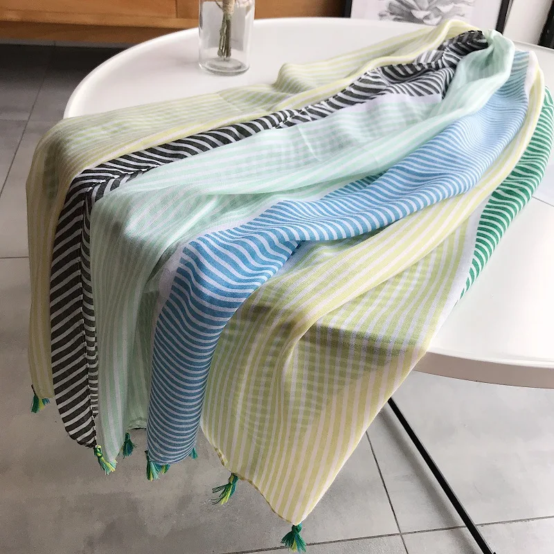 

2019 Women Colorful Striped Tassel Viscose Scarf Shawl Spring Summer Luxury Brand Wrap Neck Snood Bandana Pashminas Muslim Hijab