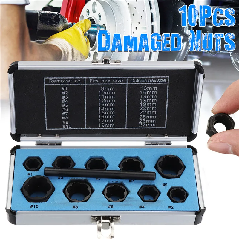 

11pcs/Set Damaged Bolts Nuts Screws Remover Extractor Removal Tools Set Threading Tool Kit Black Nuts And Bolts Extractors Box