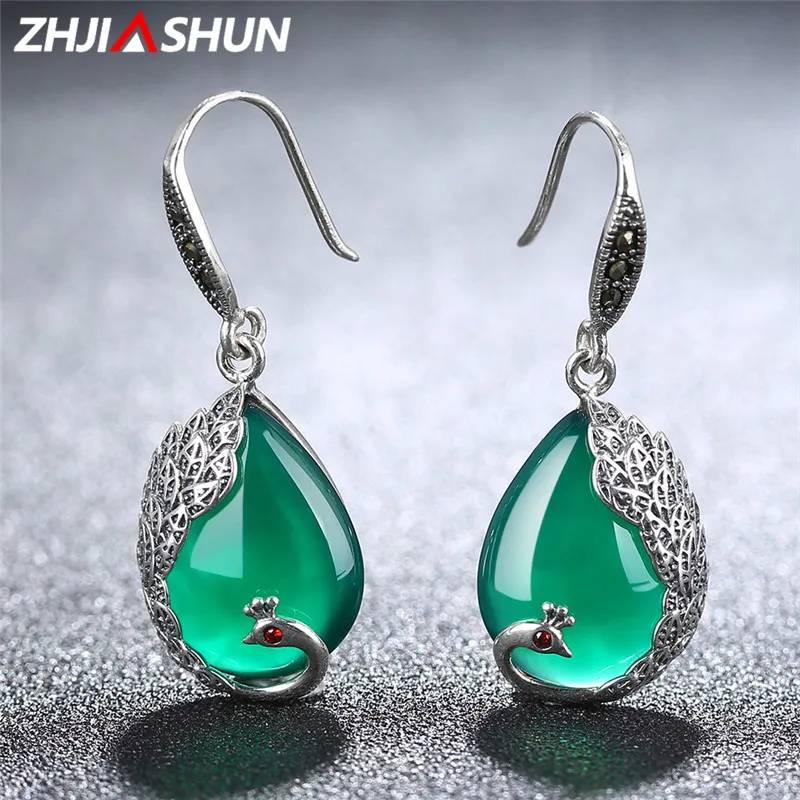 

ZHJIASHUN 925 Sterling Silver Green Chalcedony Natural Stone Earrings Peacock Shape Bohemian Indian Jewelry For Women