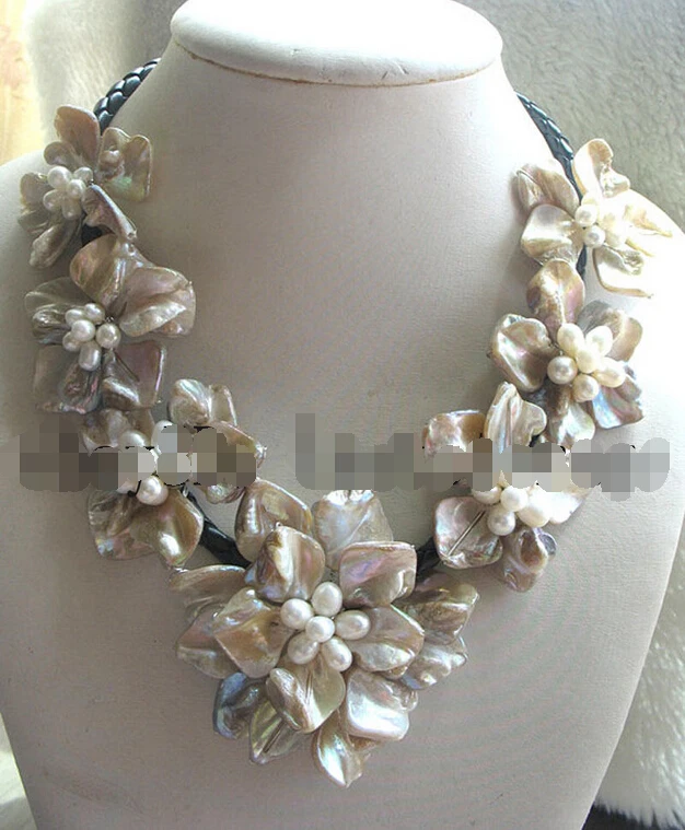 

free shipping hot&>>>>>freshwater pearl sea shell flower champange 18.5" neckl