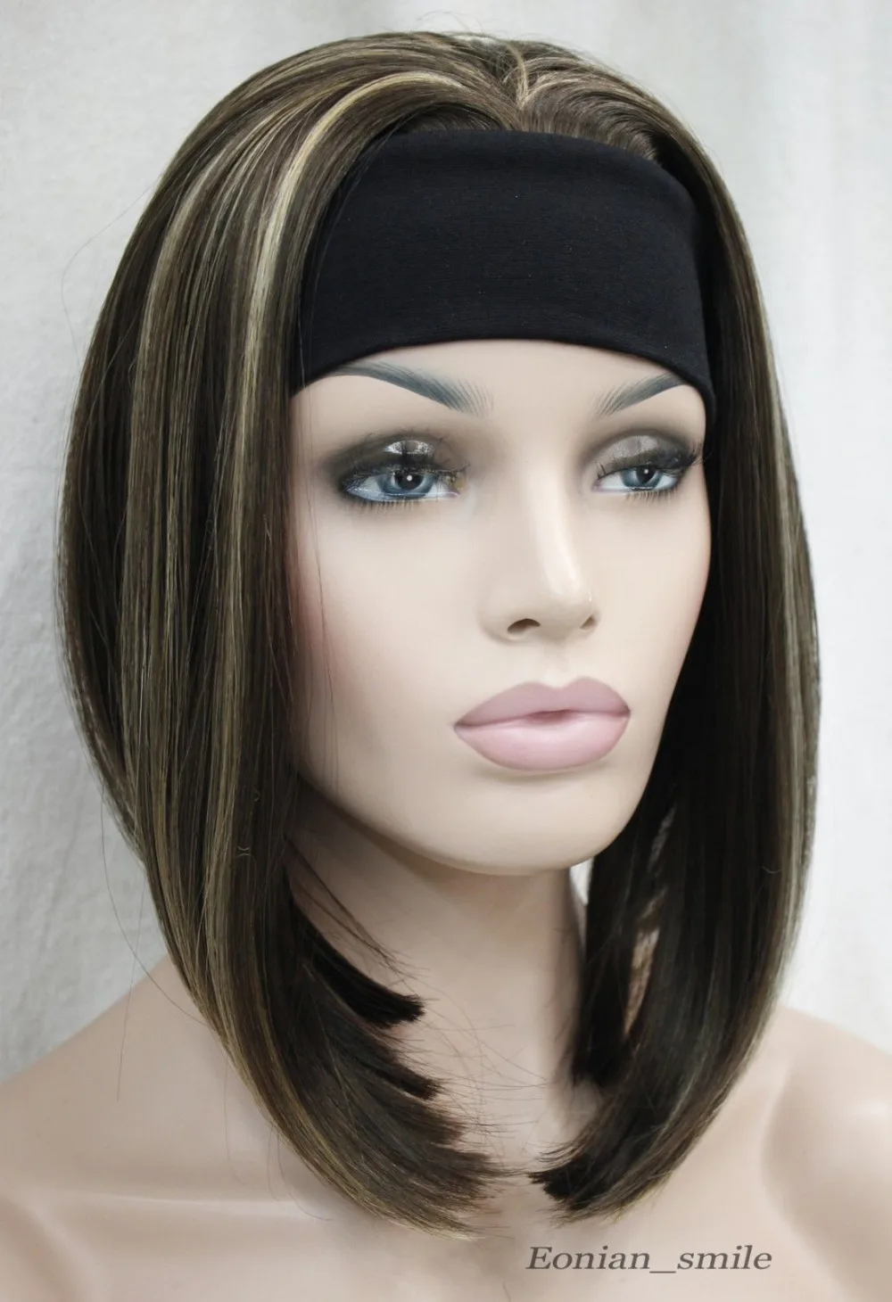 HOT sell &gt&gtFashion Medium Brown &amp Blonde Mixed Cute with headband Women 3/4 half Wig |