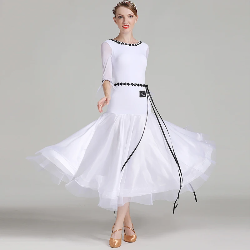 Ballroom Dance Dress White Nylon Ice Silk Woman Standard Dancing