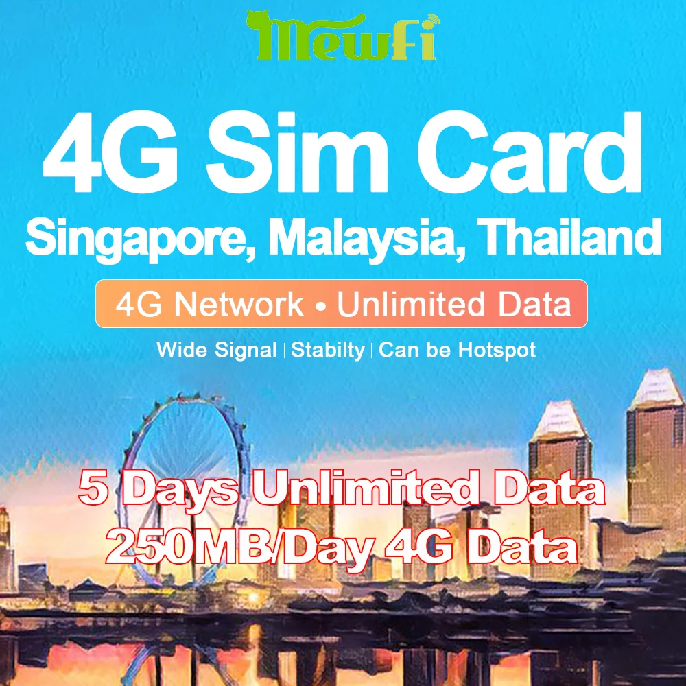 

Mewfi Singapore/Malaysia/Thailand Travel Sim Card 5 Days Unlimited Data 250MB/Day 4G Data No Call Native Mobile Phone Sim Card