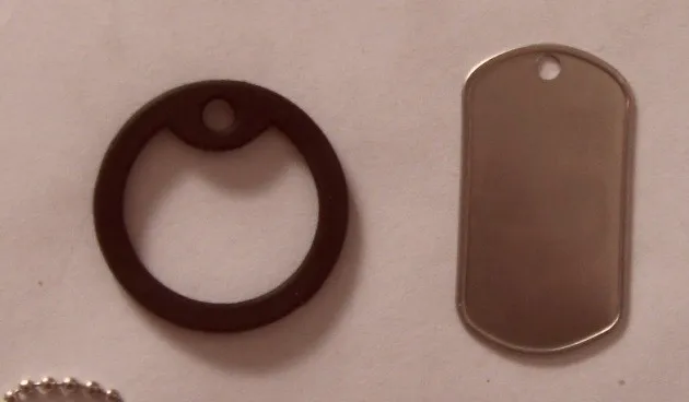 

Free Shiping 1 Pack=100pcs Blank Military Dog Pet Tags Stainless Steel 50mm*28mm*0.4mm thickness AND Black Circle Silencer