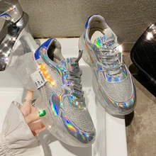 2019 fashion laser lace up high platform casual shoes clear heels silver crystal transparent sneakers women woman zapatos YH-461