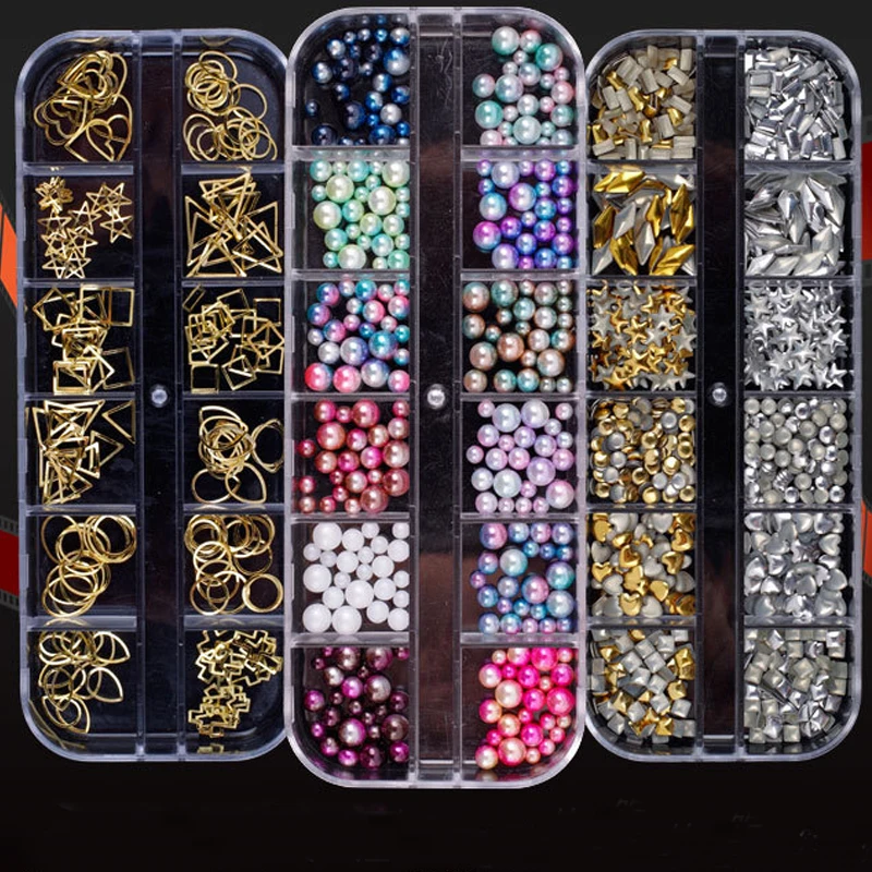 

Mixed 1 Box Mutil-Style Round Flat Back Pearl Acrylic Loose Beads/Rhinestone/Mini Metal DIY Craft Supplies For Sewing Nail Decor