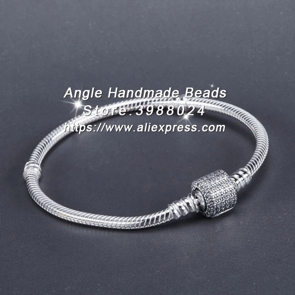 

2015 Fashion Jewelry S925 Sterling Silver Signature Clasp with Clear CZ Standard Snake Chain Bracelet Fit European Charms Beads