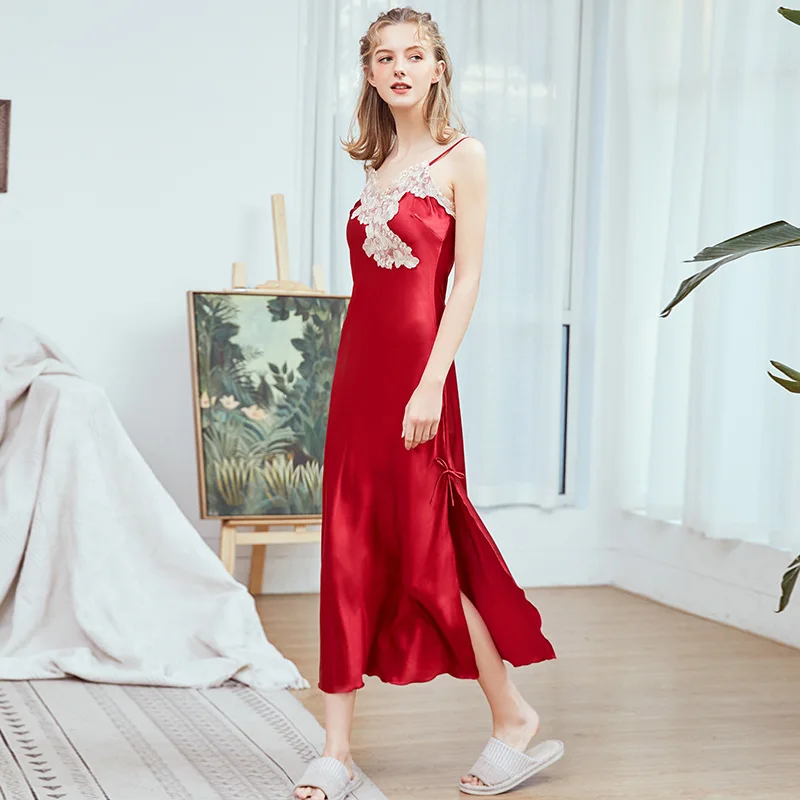 

Summer Sleeping Skirt Sexy sling nightdress long silk night dress Pure colour suspender V-neck lace bow decoration night dress