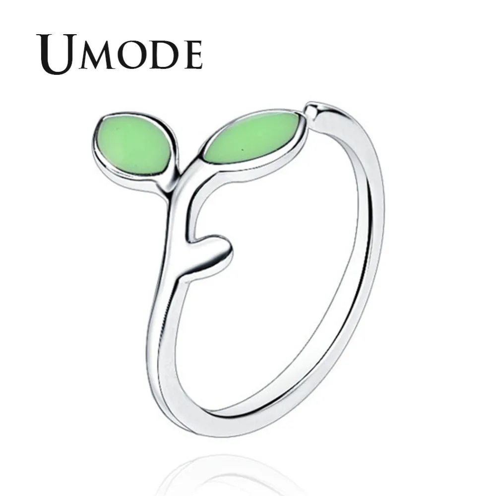 

UMODE Fashion Leaf Burgeon Cute Design Rings for Women Green Stone White Gold Jewelry Open Cuff Rings Anillos Mujer Moda AUR0436