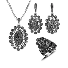 2016 Mujeres de La Manera Joyería Conjunto Plateado Negro Anillo Pendientes Sistemas de la Joyería Con El Collar Cristalino de La Vendimia