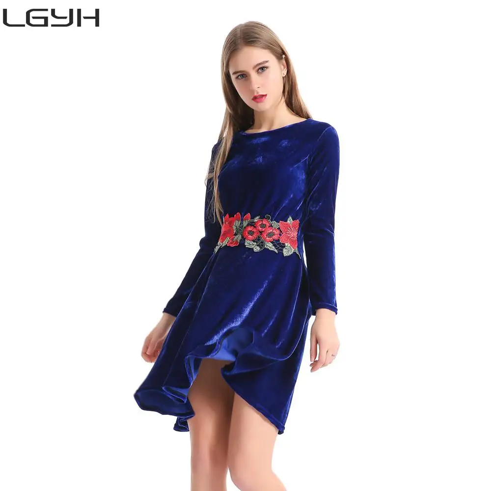 LGYH Brand 2017 Women Fashion Clothing Office Dress Blue Velvet