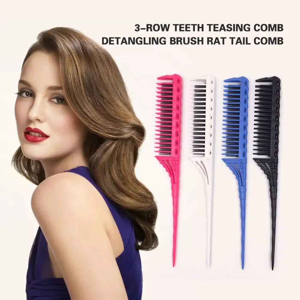 

comb for hair 3-Row Teeth Teasing Comb Detangling Brush Rat Tail Comb Adding Volume Back Coming Hairdressing Combs hairbrush
