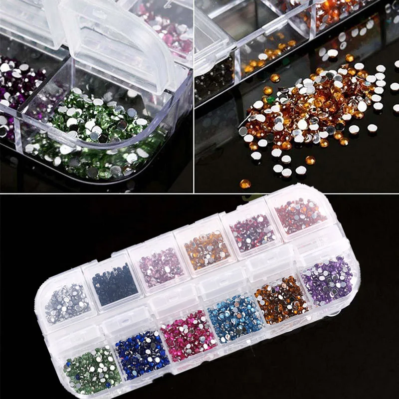 

2400pcs /Box 3D Flatback Rhinestones Stickers (2mm) 12 Colors Rhinestones, Nail Art Rhinestones for Nails, Glue Fixed Rhinestone