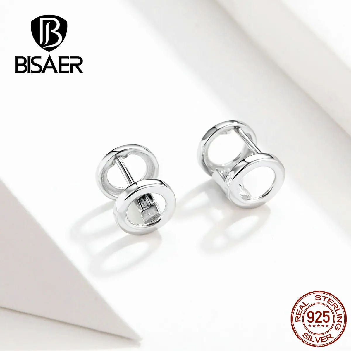 BISAER, круглые серьги для женщин, 925 пробы, серебряные, двойные, круглые, маленькие серьги-гвоздики, женские серебряные ювелирные изделия EFE161