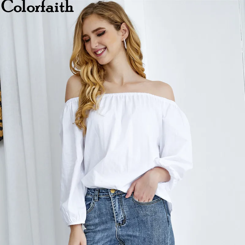 

Colorfaith New Women Blouses & Shirts 2019 Autumn Ladies Slash Neck Black White Long Lantern Sleeve Tops shirt BL296