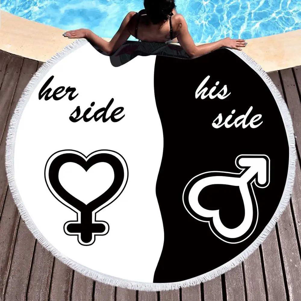 

Her side his side Round Beach Towel black white Bath Towel Microfiber Fabric 150cm Size
