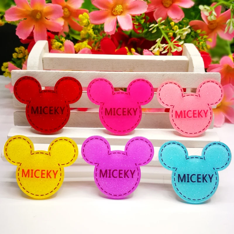 

40pcs/Lot 34x35mm Glitter Mickey Mouse Face Planar Resin Cabochon Flat Back Scrapbooking Mouse Flatback Hair Bow Center Decor