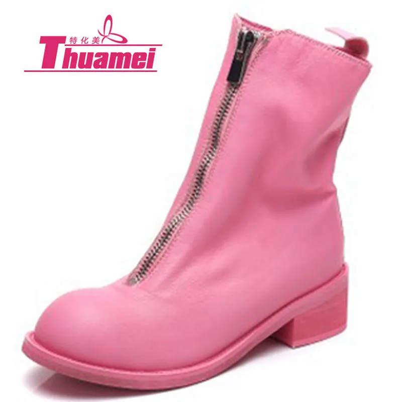 

Platform Genuine Leather Low Heels Pink Motorcycle Women's Fashion Ankle Autumn Women Boots Shoes Woman Botas #Y0787996F