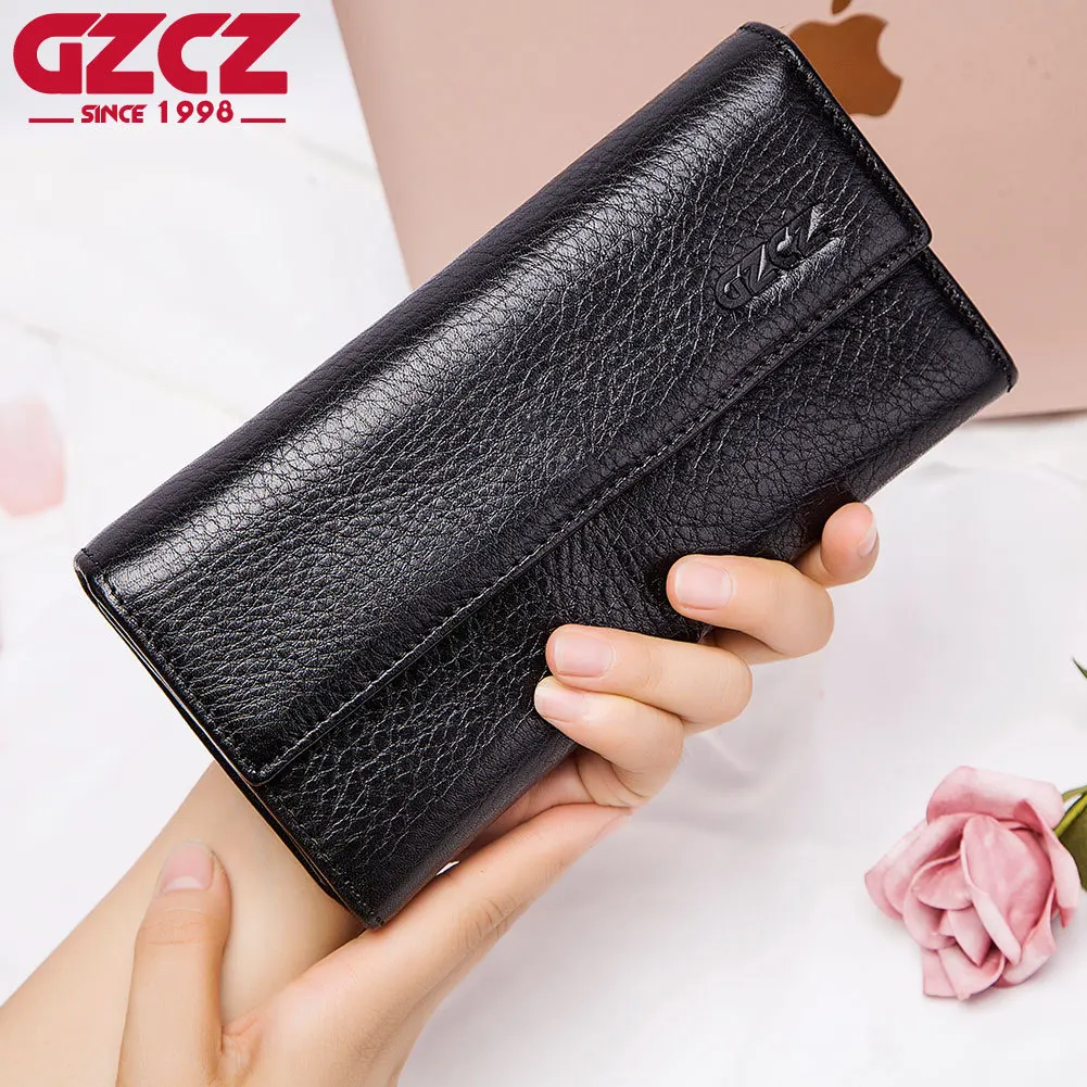 

Genuine Leather Black Women Long Wallet Newly Design Female Leather Wallet Women Casual Wallet Fashion Lady Casual Wallets