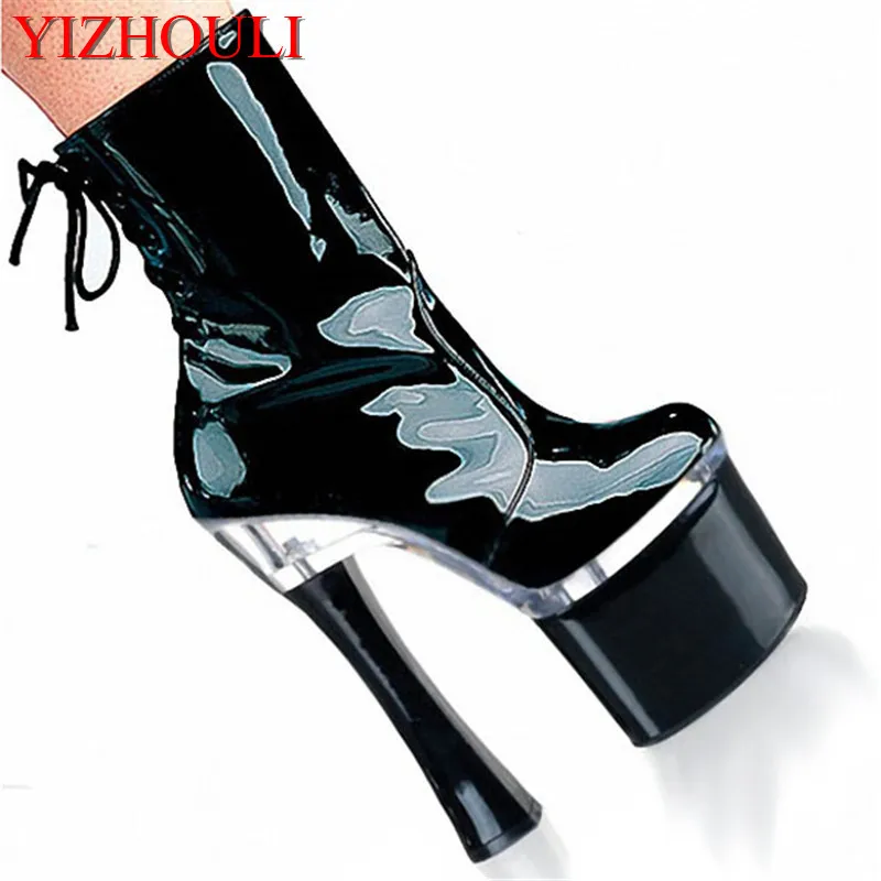Various sexy colors PU material, 18 cm square heel high heels short boots, baking paint, thick platform tube dance boots