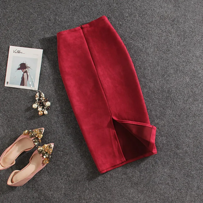 Теплая осенне-зимняя однотонная облегающая юбка-карандаш с высокой талией, облегающая юбка из искусственной замши для женщин, Офисная Женская юбка на молнии