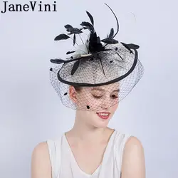 JaneVini/Черные Свадебные шляпы и вуалетки с сеткой, женские модные шляпы, заколки для волос, перья для невесты, Свадебная вечеринка, шляпа