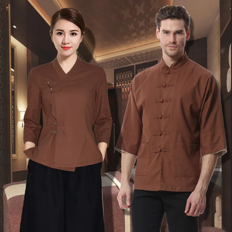 

New Arrivals Three Quarter Sleeve Coffee Brown Blouse+Wide Leg Pants 2pcs Set Mens SPA Uniform Hotel Retro Work Wear Beauty Sets