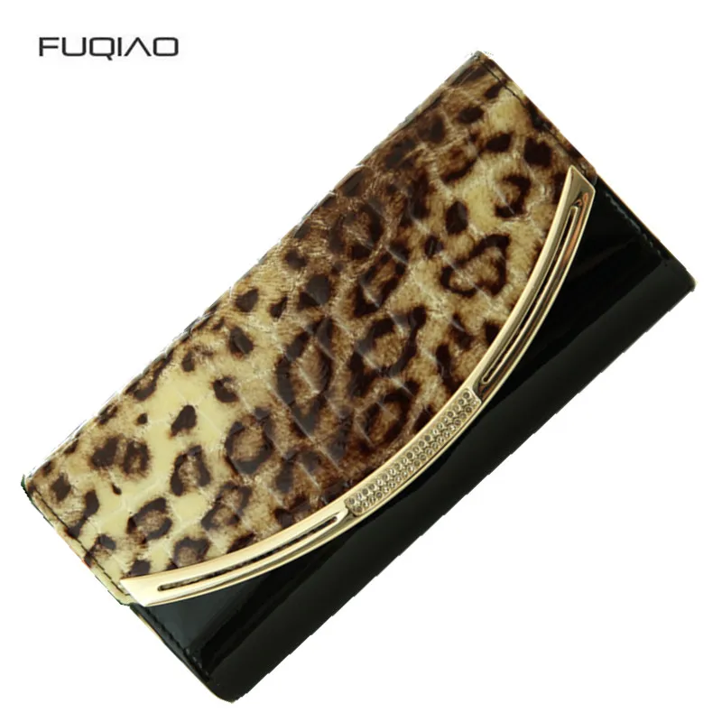 

women real leather leopard print purse female cowhide wallet japanned leather small clutch bags