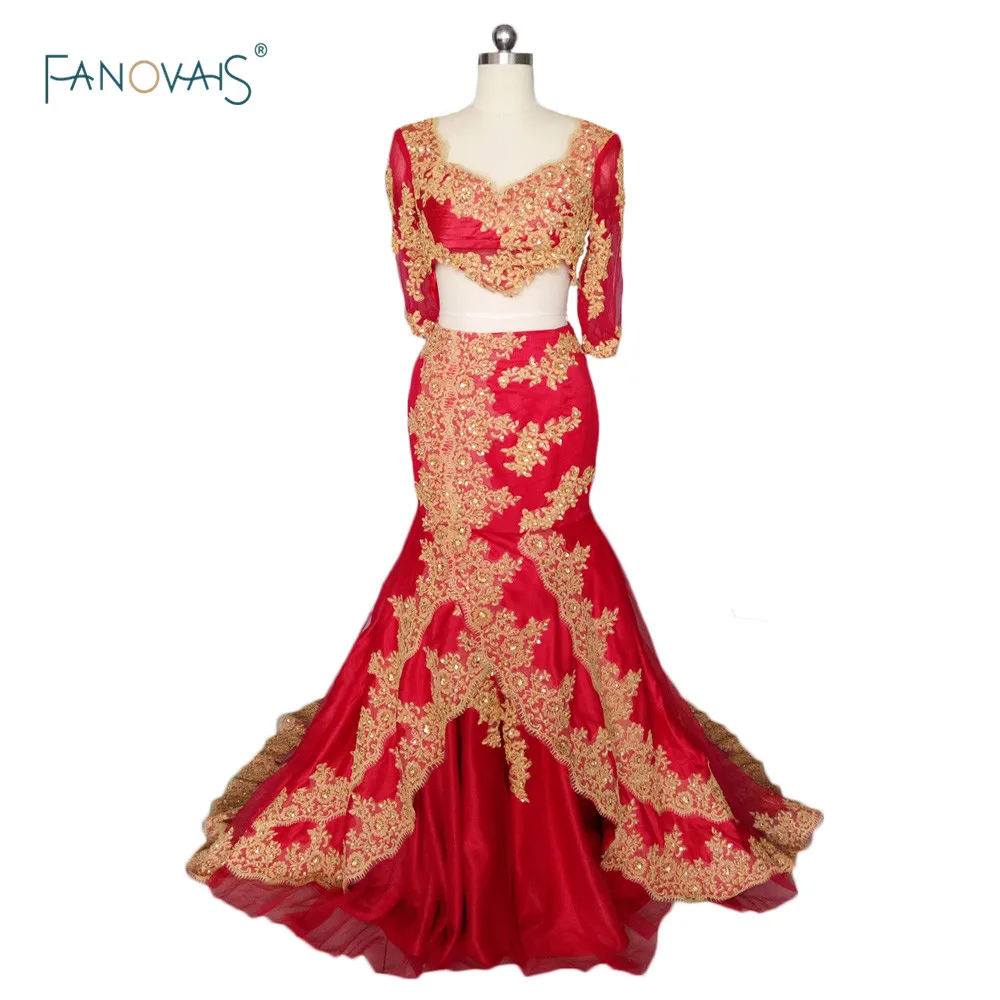 

Elbise Red Two Piece Mermaid Evening Dresses Indian Beaded Appliques Luxury Formal Dresses Dubai Kaftan Dresses Plus Size ZED35