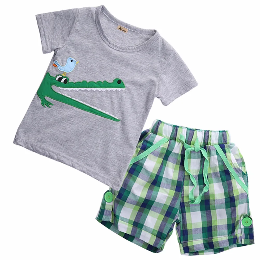 

Children Toddler Baby Kids Boys Clothes Sets Summer Cute Animals Plaid Tops T-shirt Pants Shorts Outfits Size 2 3 4 5 6 7T