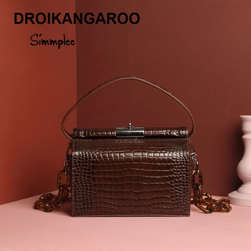 

Xiaozhong Design New Retro Style Female Genuine Leather Lock Button Female Bag Small Square Bag Pure Crocodile Pattern in Spring
