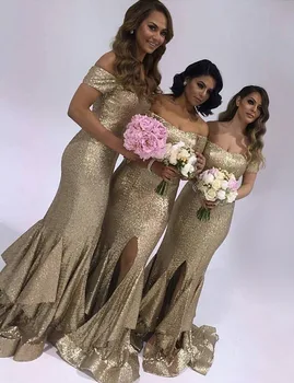 

New Beautiful Champagne Bridesmaid Dress Front Slit Sequin Wedding Party Gowns vestido madrinha
