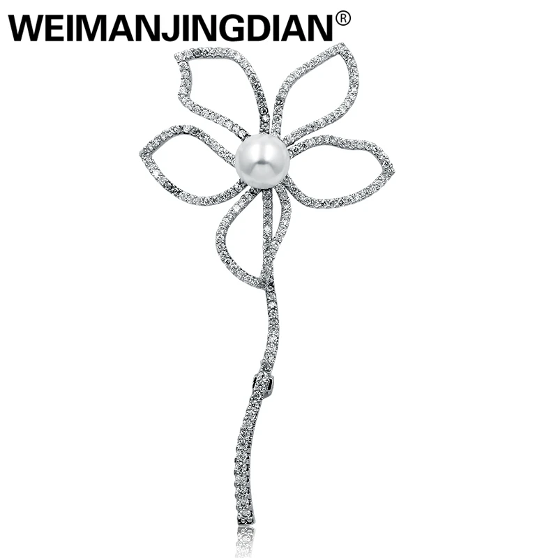 

WEIMANJINGDIAN Brand White Gold Color Cubic Zirconia CZ Zircon Crystal Flower Brooch Pins for Women or Wedding Bride Bridesmaid