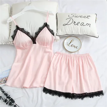 

Womens Pajamas Satin Lace Sexy V-neck Pink Nightwear Silk With Chest Pads Summer Pyjama Femme Backless Shorts Sleepwear MA50148