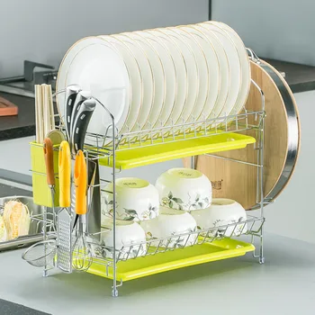 

N-Shaped Dish Rack Set 2-Tier Chrome Stainless Plate Dish Cutlery Cup Rack With Tray Steel Drain Bowl Rack Kitchen Shelf