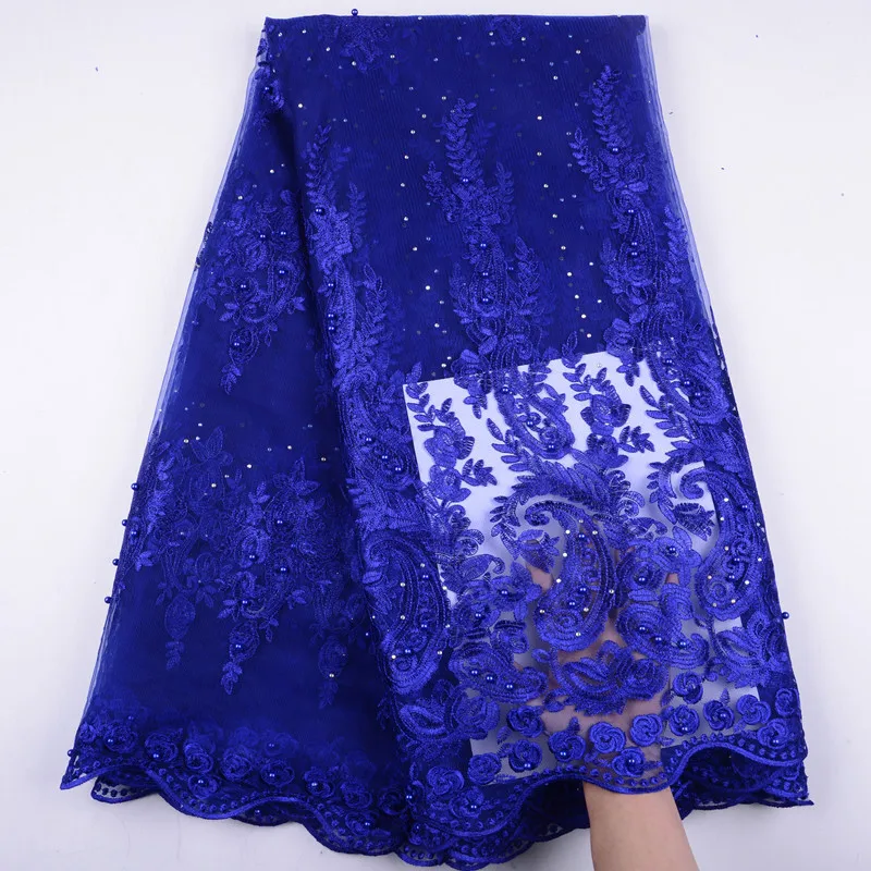 

Latest Royal Blue African Lace Fabrics Embroidered African tulle French Lace Fabric With Beads 2019 French Net Tulle Lace Y1492
