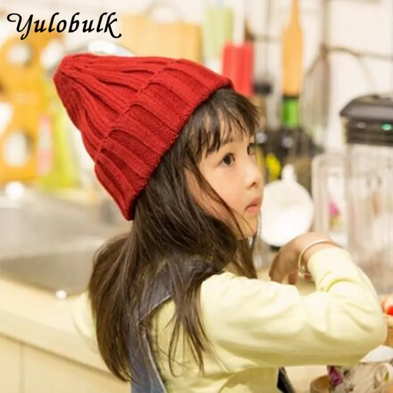 Однотонная детская шапка, детская зимняя шапка, вязаная теплая шапка для мальчиков и девочек, шапка для малышей, Kawaii, детская шапка