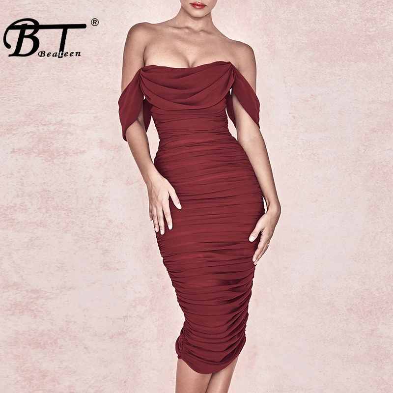 

Beateen 2019 New Off The Shoulder Strapless Ruched Draped Chiffon Midi Dress Elegant Women Party Dress Red