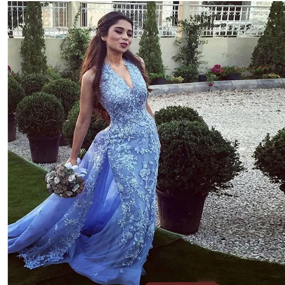 2017 Новый Sky Blue Lace Русалка Вечерние Платья Аппликации V шеи Потрясающие Формальные