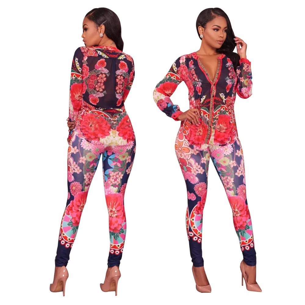 Women Long Sleeve Floral Print Suits Sexy Bodycon Pants & Loose Chiffon Tops Two piece Sets